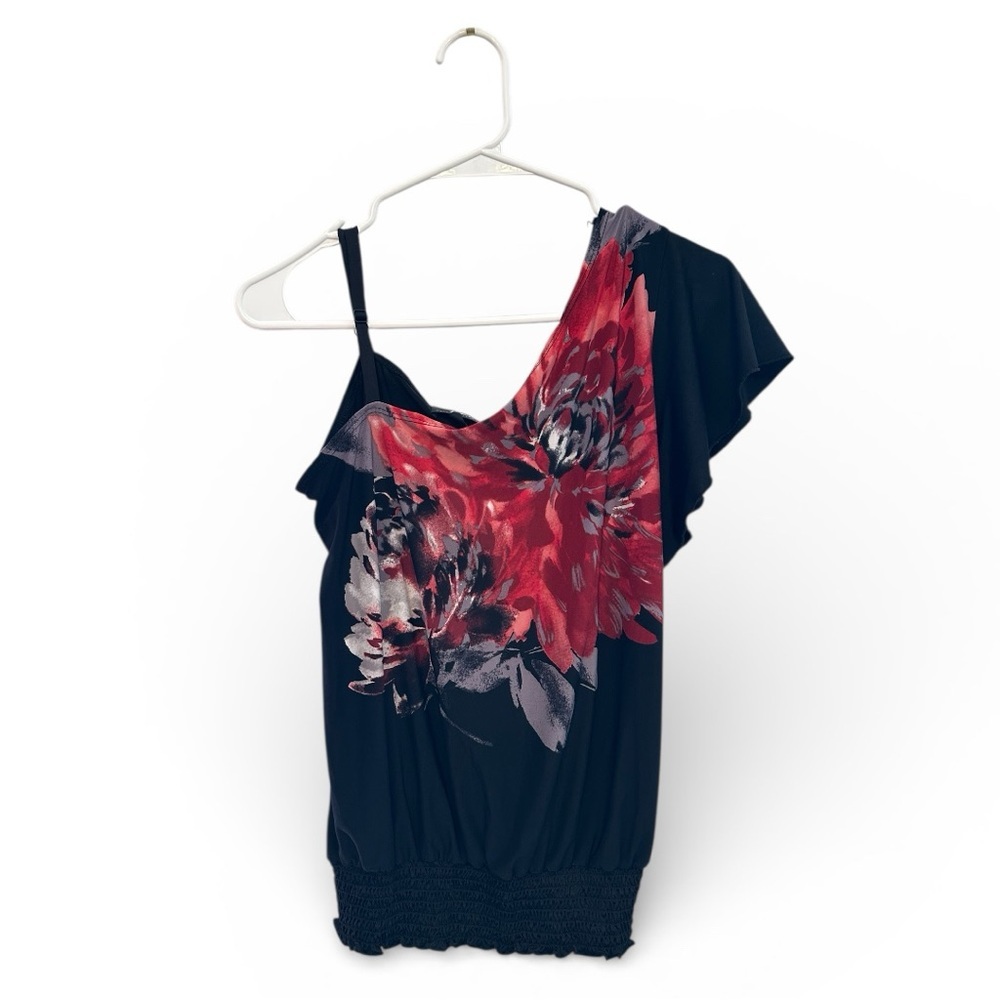 Y2K Era Bwear Black and Red Floral Asymmetrical Blouse Size Medium